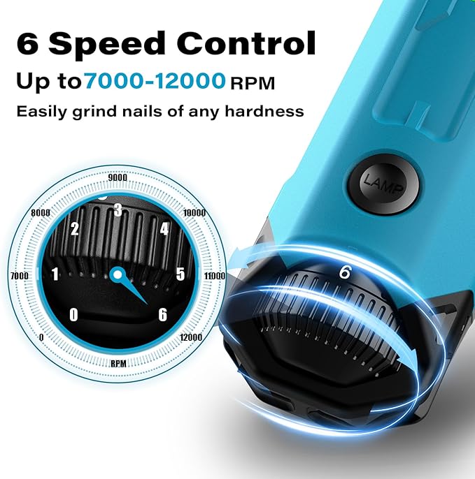 Casfuy 6-Speed Dog Nail Grinder - Newest Enhanced Pet Nail Grinder Super Quiet Rechargeable Electric Dog Nail Trimmer Painless Paws Grooming & Smoothing Tool for Large Medium Small Dogs (Bright Blue)-PawvioPets