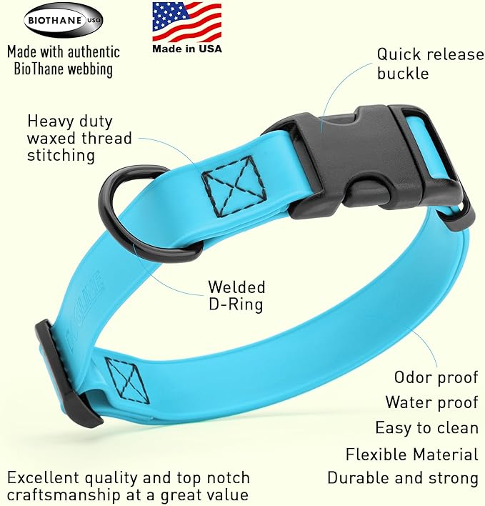 Dogline Biothane Waterproof Dog Collar with Quick Release Buckle Strong Coated Nylon Webbing with Odor- Proof for Easy Care Easy to Clean Fits Small Medium Large Dogs, Cyan Blue 1" W 15-25" L-PawvioPets