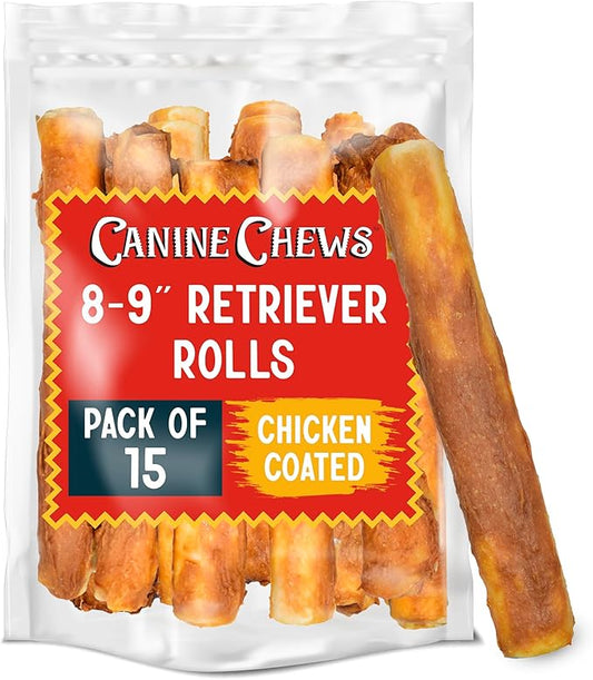 Canine Chews 8-9" Chicken Coated Dog Rawhide Retriever Rolls (15 Pack) - Chicken Rawhide Bones for Large Dogs - 100% USA-Sourced Chicken Coated Dog Rawhide Chews - Healthy Dog Dental Chew Rawhides-PawvioPets