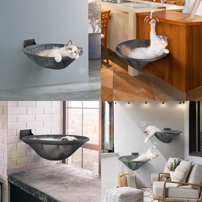 Cat Hammock Wall Mounted, Foldable & Stable Cat Beds- Breathable Cat Wall Shelves for Sleeping, Playing, Climbing, and Lounging - Maximum Hold Up to 30lb (Gray)-PawvioPets