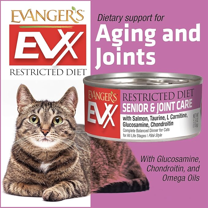 Evanger’s EVX Restricted Diet Senior and Joint Health Canned Cat Food – 24 Count, 5.5 oz Cans Each – Salmon with Taurine, L Carnitine, Glucosamine & Chondroitin – Grain Free Pâté Style-PawvioPets