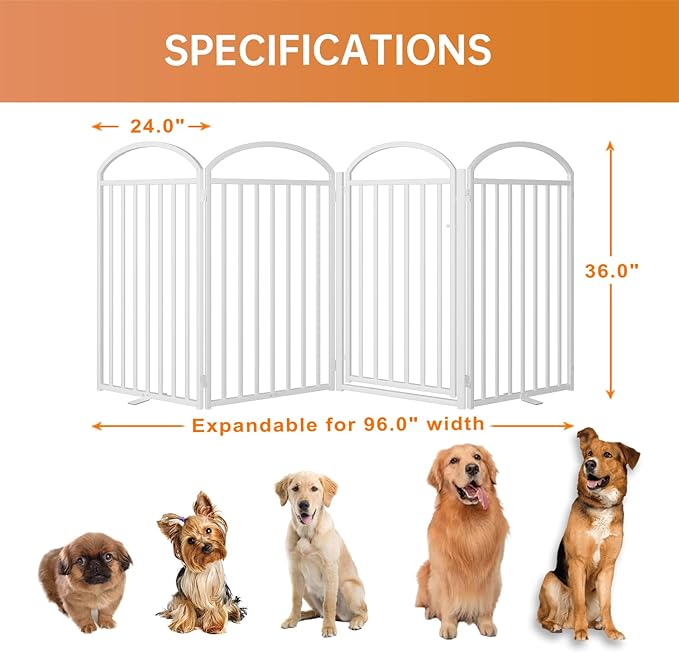 4 Panles Full Matel Freestanding Dog Gates with Door, 96"Extra Wide 36"Tall Free Standing Dog Pet Gate for Indoor & Outdoor. Foldable Pet Fences for Doorways, House, Stairs, Porch, Deck, Yard-PawvioPets