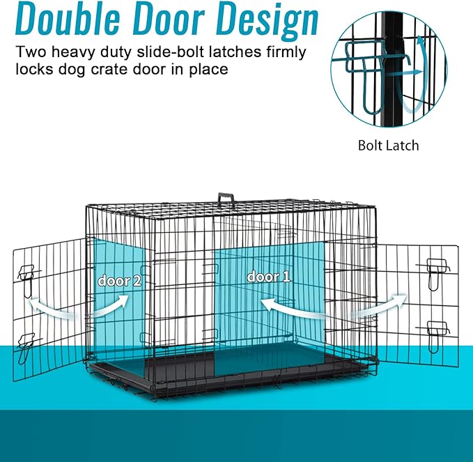 FDW Dog Crate for Small Dogs 24 Inch Folding Metal WirePet Cage Double Door W/Divider Panel Indoor Outdoor Kennel Leak-Proof Plastic Tray,Black-PawvioPets