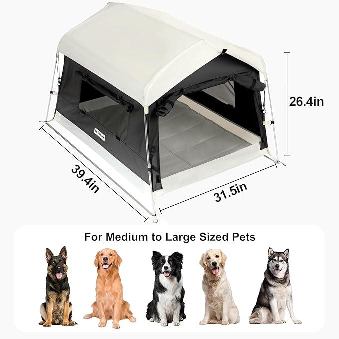 Dog Tent Cotton Fabric, Aluminum Poles and Camping Mat, Outdoor Weatherproof, Dog House Outdoor, Breathable with 2 Side Windows, Portable and Collapsible (Black, Large)-PawvioPets