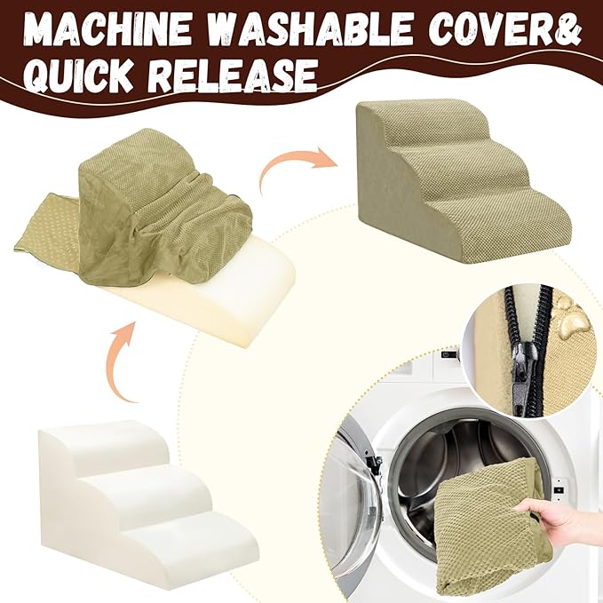 Dog Stairs for Small Dogs - High Density Foam Pet Steps, Extra Wide Dog Ramp with Non-Slip Bottom for High Beds, Couch and Sofa, Best for Dogs Injured, Older Doggy Cats,3 Steps, Camel-PawvioPets