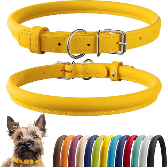 CollarDirect Rolled Leather Dog Collar, Soft Padded Round Puppy Collar, Handmade Genuine Leather Collar Dog Small Large Cat Collars 13 Colors (6 Inch, Yellow Smooth)-PawvioPets