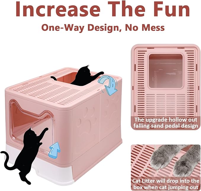 Foldable Cat Litter Box with Lid, Enclosed Potty, Large Top Entry Anti-Splashing Toilet, Easy to Clean Including Litter Scoop and 2-in-1 Cleaning Brush (Pink)-PawvioPets