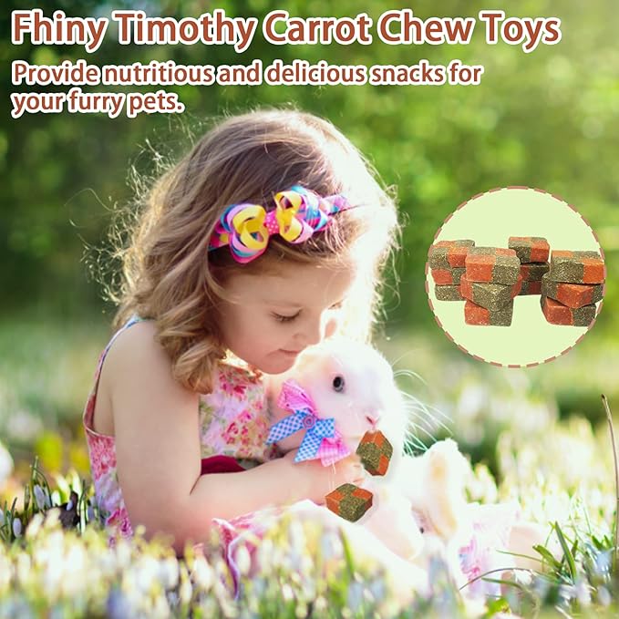 Fhiny 12 PCS Rabbit Carrots Chew Toys, Natural Timothy Hay Biscuit Cubes Rabbit Carrot Molar Treats Small Pet Snacks for Bunny Hamster Chinchilla Guinea Pig or Other Small Animals-PawvioPets