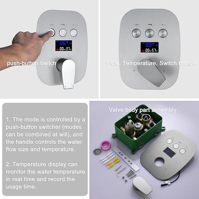 Brushed Nickel Shower System Set Temperature Display Push Button Shower Faucet with 12 inch and 8 inch Wall Mount Full Body Shower Head and Handheld Shower-PawvioPets