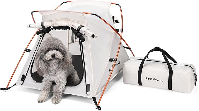 Dog Tent Cat Tent with Aluminum Poles and Camping Mat, Outdoor Waterproof Pet Tent with Zippered Mesh Door, Dog House, Cat House, Pet Playpen, Portable and Collapsible (White, Small)-PawvioPets