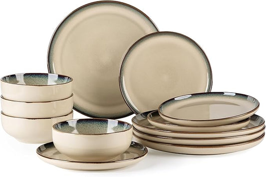 GBHOME Ceramic Dinnerware Sets for 4, 12 Pieces Stoneware Plates and Bowls Sets, Scratch Resistant Dishes, Dishwasher & Microwave Safe, Reactive Glaze-Gravel-PawvioPets