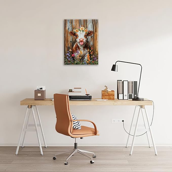 Funny Cow Bathroom Pictures Wall Art, Rustic Brown Cute Cow Bathroom Wall Decor, Farmhouse Floral Framed Painting Animal Flower Canvas Artwork for Bedroom Living Room Decorations 20"L x 16"W-PawvioPets