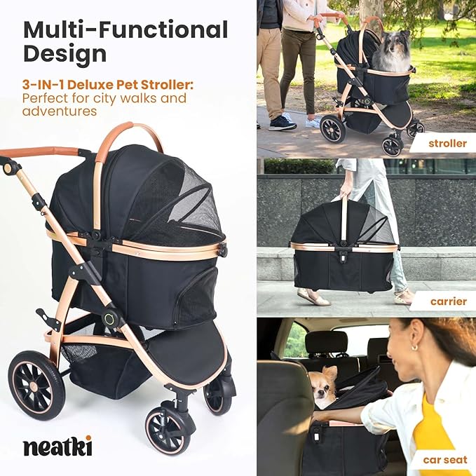 3 in 1 Pet Stroller - Stroller for Small to Medium Dogs and Cats up to 55 lbs, with Detachable Carrier/Car Seat, Foldable and Lightweight, Detachable Cushion + Cup Holder (Black/Gold)-PawvioPets