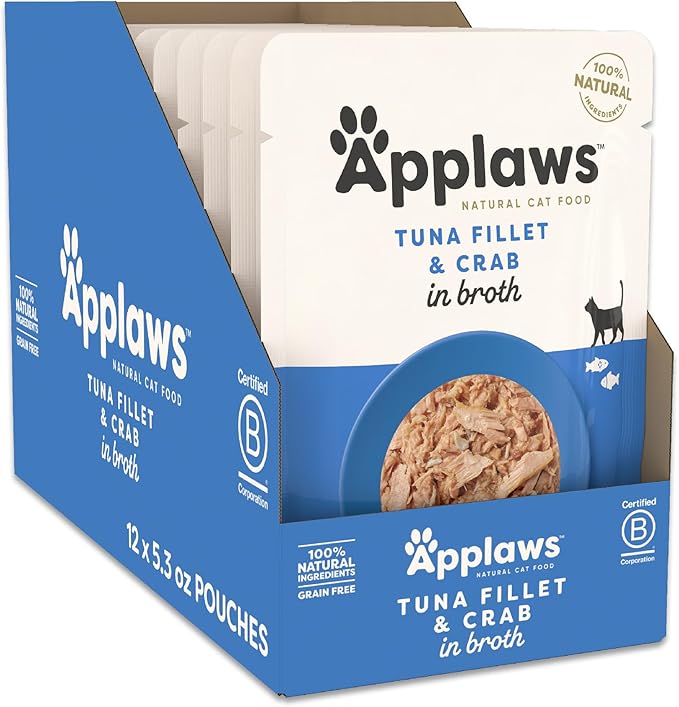 Applaws Natural Wet Cat Food in Broth, Limited Ingredient Wet Cat Food Pouches, No Additives, Made with Natural Ingredients, Tuna Fillet with Crab in Broth (12 x 5.3oz Pouches)-PawvioPets