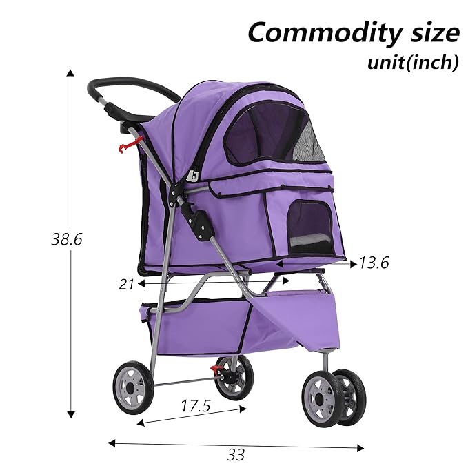 Dog Stroller,3 Wheels Travel Folding Pet Strollers for Small Medium Dog Cat Jogger Stroller with Storage Basket Removable Liner Purple-PawvioPets