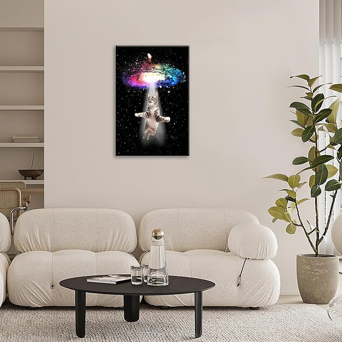 Funny Cat Wall Art Canvas Galaxy Wall Decor Prints Framed Painting Animal Pictures Gifts Artwork for Bathroom Living Dining Kitchen 16"x24"-PawvioPets