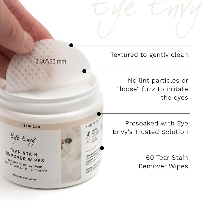 Eye Envy Tear Stain Wipes for Cats. Textured to Gently Clean, Treats The Cause of Staining. 100% Natural Formula. Recommended by Persian & Exotic Breeders, Vets, Groomers. USA Made. 60 Cat Eye Wipes-PawvioPets