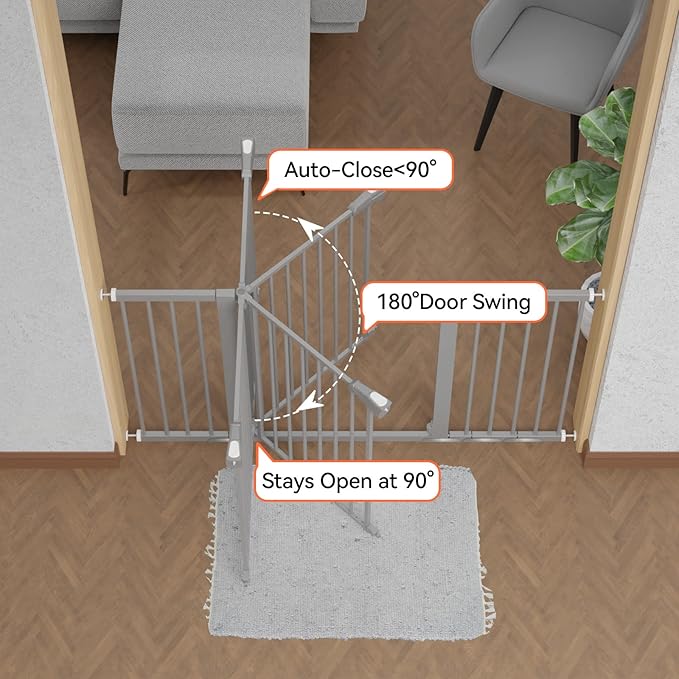 BABELIO 29-55 Inch Extra Wide Baby/Dog Gate, Metal Auto Close for The House and Doorways, Pressure Mounted Pet Door, NO Need Tools and Drilling, with Wall Cups, Gray-PawvioPets
