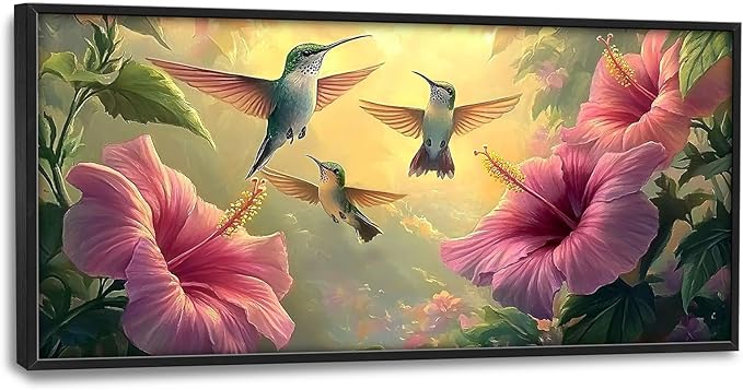 Framed Large Hummingbird Wall Art for Living Room, Oversized Rustic Bird Flower Wall Decor Floral Canvas Painting Nature Sunrise Pictures Modern Artwork for Bedroom Office Dinging Room 60"x30"-PawvioPets