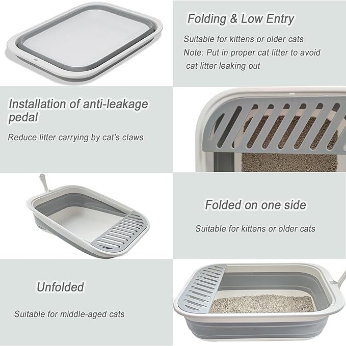 Collapsible Kitten Litter Box, 17.7 x 13.4 x 5 inch Open Cat Potty Pan with Scoop Foldable Shallow Cat Toilet Anti-Splashing Low Entrance Travel Litter Box with Falling Sand Pedal Grey-PawvioPets