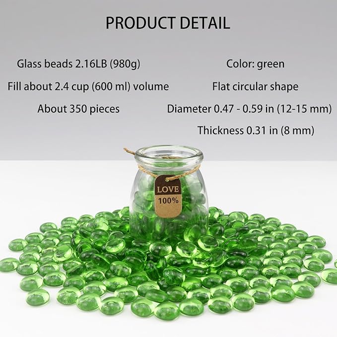 2.16LB Glass Beads Vase Filler Aquarium Gravel Decor Flat Glass Marbles Gems Pebbles Fish Tank Rocks Home Decorative Art Craft - Green-PawvioPets