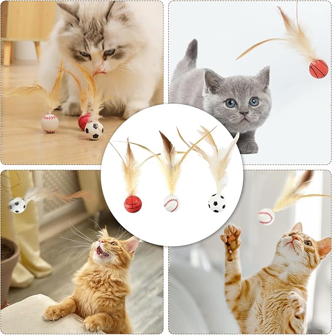 6 Pcs Feather Ball Cat Toy,Interactive Feather Bouncy Ball Toy Set for Cats,Mini and Elastic,Suitable for Pets to Play Indoors and Outdoors-PawvioPets