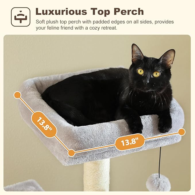 62-Inch Cat Tree for Indoor Cats, Large Cat Tower with Scratching Posts for Large Cats, 2 Bigger Plush Condos, Padded Platform, Soft Cat Bed and Scratching Pad, 2 Pompoms, Gray-PawvioPets