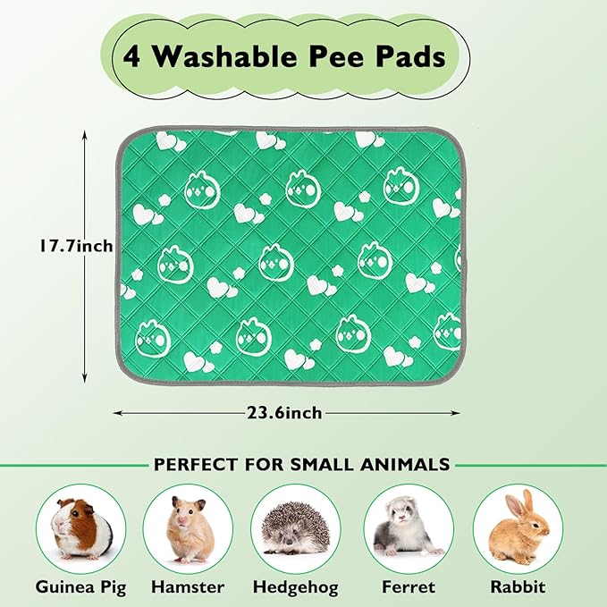 4 Pack Guinea Pig Bedding - Washable Guinea Pig Cage Liners, Waterproof Reusable & Anti Slip Pee Pads Super Absorbent Mats for Small Animals Pet Rabbit Bunny Hamster Rat (Green, 24 x 18 Inch)-PawvioPets