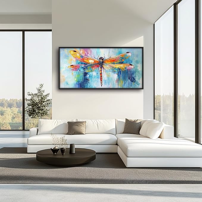 Extra Large Abstract Dragonfly Framed Wall Art for Living Room,Oversized Colorful Dragonfly Pictures Wall Decor,Teal Canvas Print Painting Modern Artwork Bedroom Office Bathroom 60L" x 30W"-PawvioPets