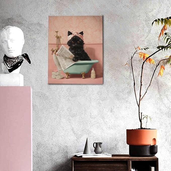 Cat Bathroom Wall Decor Black Cat Reading Newspaper in Bathtub Canvas Wall Art Funny Bathroom Pictures Kitten Painting Print Pink Artwork Framed Decorations Gifts 16"x20"-PawvioPets