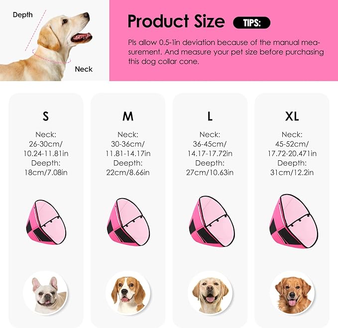 Dog Recovery Collar Cone for Medium Dogs, Adjustable Dog Cone Alternative After Surgery for Dogs to Stop Licking, Breathable Soft Cone for Medium Large Dogs, Pink M-PawvioPets