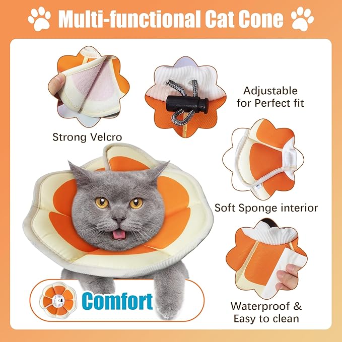 Cat Cone Collar Soft, Adjustable Cat Recovery Collar to Stop Licking After Surgery Protective E Collar for Cats Small Dogs, Orange M-PawvioPets