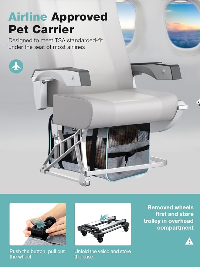 Cat Dog Carrier with Wheels Airline Approved Rolling Pet Carrier with Telescopic Handle, Shoulder Strap and Pet Bowl, Grey-PawvioPets