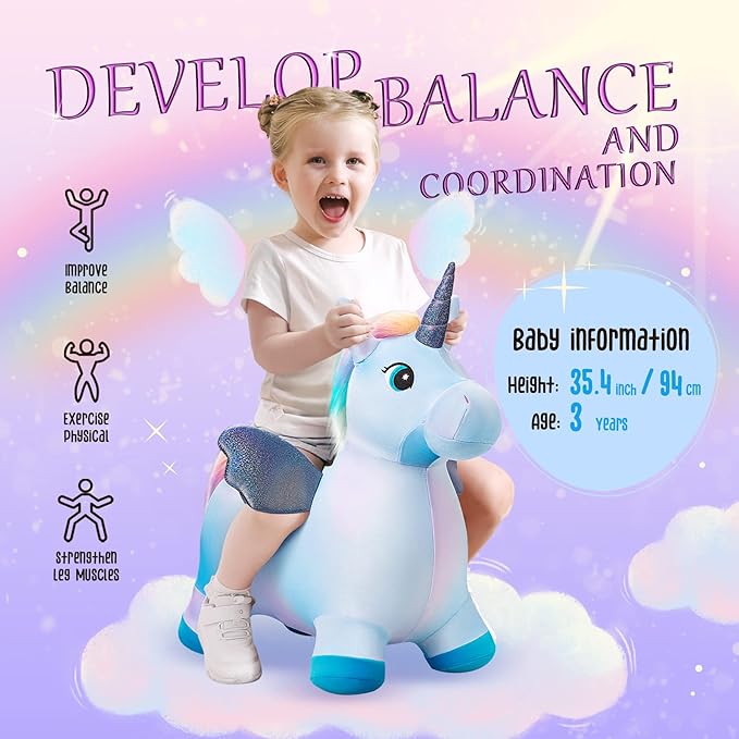 EVERICH TOY Unicorn Bouncy Horses Inflatable Plush Hopping Toy Bouncing Hopper Animals for Toddlers,Outdoor&Indoor Bouncy Animals for Toddlers,Gift for 18 Months 2 3 4 Year Old (W/Pump)-PawvioPets