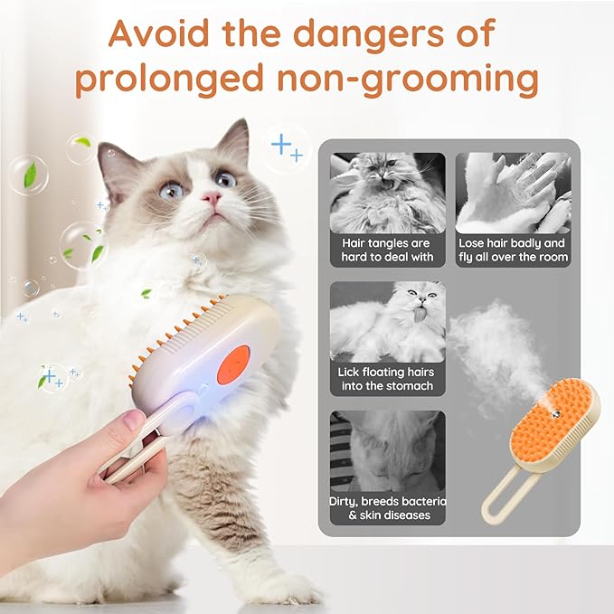 GKZ Cat Steam Brush, 3 in 1 Pet Comb for Massage, Cleaning, Shedding and Combing, Electric Mist to Prevent Flyaways for Home, Dogs and Cat Lovers - Khaki-PawvioPets