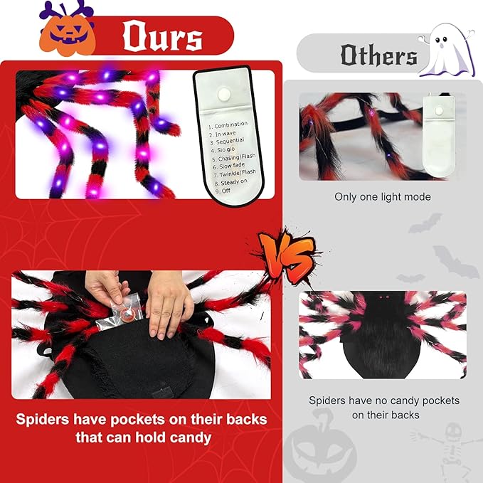 Dog Halloween Costume Large Breed, Furry Dog Spider Costume with 64 LED, Funny Halloween Dogs Costumes for Large Dogs Medium Pet Halloween Party Cosplay (Red)-PawvioPets