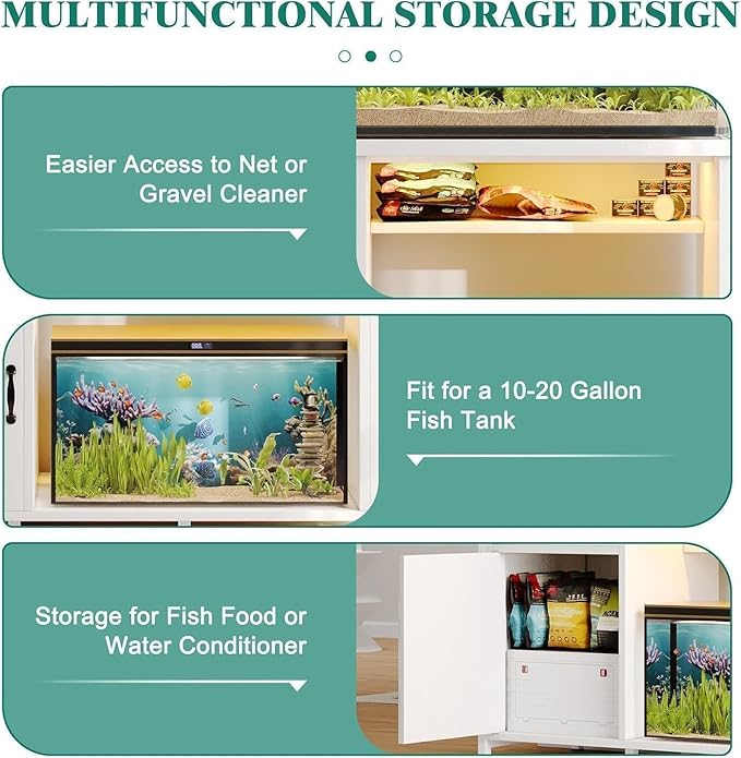 55 Gallon Fish Tank Stand with LED Light & Power Outlets, 55-75 Gallon Aquarium Stand with Drawer & Barn Door, 50" L x 20" W Cabinet for 2 Fish Tank Accessories Storage, Turtle Tank, Antique White-PawvioPets