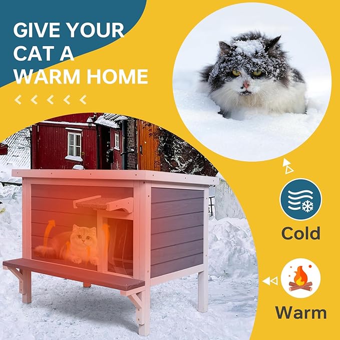 GEGURI Insulated Cat House Outdoor Weatherproof Feral Cat Shelter for Winter Large Wooden Enclosure with Escape Door-PawvioPets