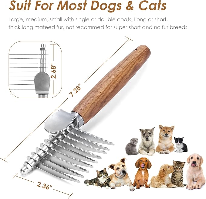 Dog Dematting Comb with Wooden Handle & Detangling Brush - Stainless Steel Undercoat Rake for Long & Thick Haired Dogs & Cats, Professional Grooming Tool for Deshedding and Matted Fur Removal-PawvioPets