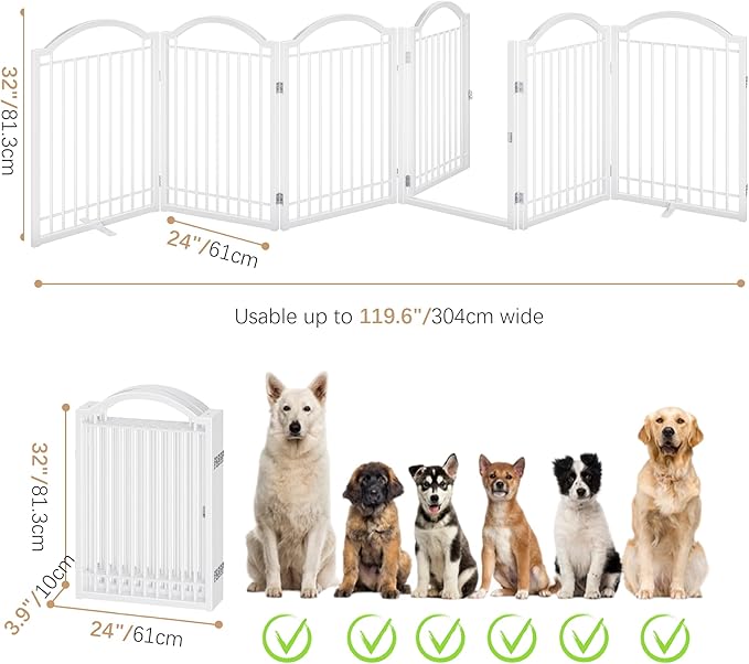 BHG Metal No-Assembly Freestanding Dog Gate with Door Walk Through, Extra Wide 144", Extra Tall 32" Pet Gate, Accordion Puppy Folding Playpen Dog Fence, with 2PCS Support (White, 6 panesl)-PawvioPets