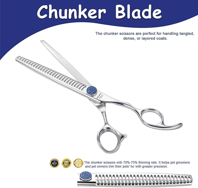7'' Dog Grooming Scissors CNC 440C Blades Sharp and Durable Polished Chunker Dog Shears with Blue Diamond Adustable Screws Easy to Use for Groomer and Home User-PawvioPets