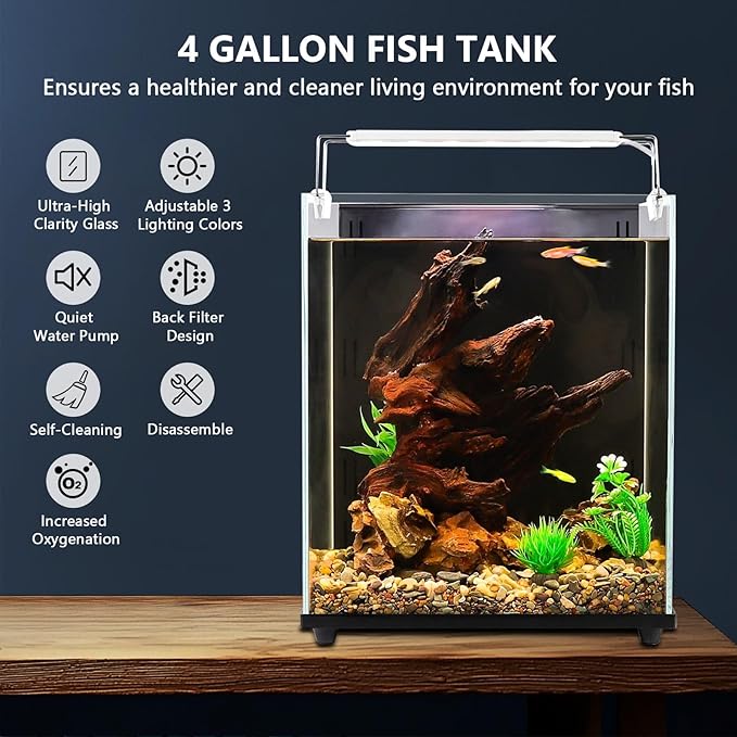 fishkeeper 4 Gallon Fish Tank Starter Kit, Small Aquarium with Filter and Adjustable 3 Color Lighting Self Cleaning Fish Bowl Rimless Aquarium for Beginners (Freshwater Fish Tank)-PawvioPets