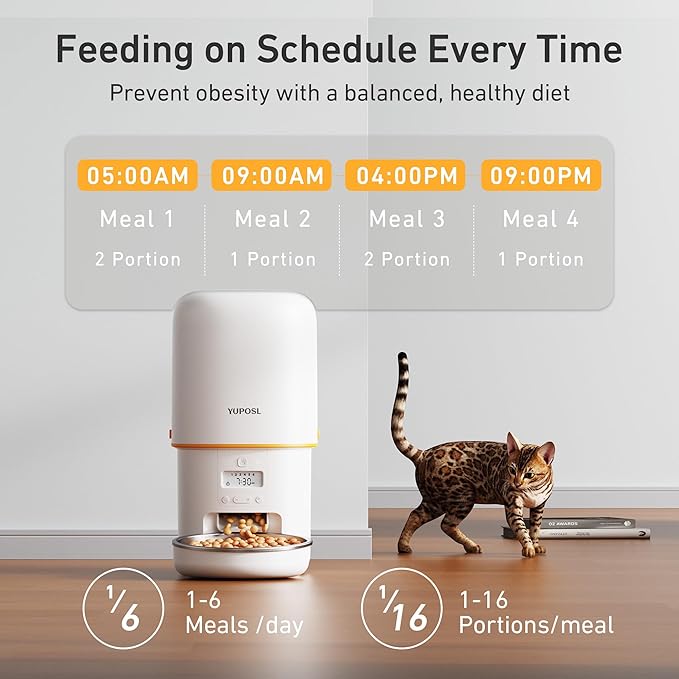 Automatic Cat Feeder - 4L Timed Auto Pet Feeder for Cat and Dog with Dry Food Dispenser, 180-day Battery Life, 1-6 Meals Per Day, 1-16 Portion, Desiccant Bag Keeps Food Fresh-PawvioPets