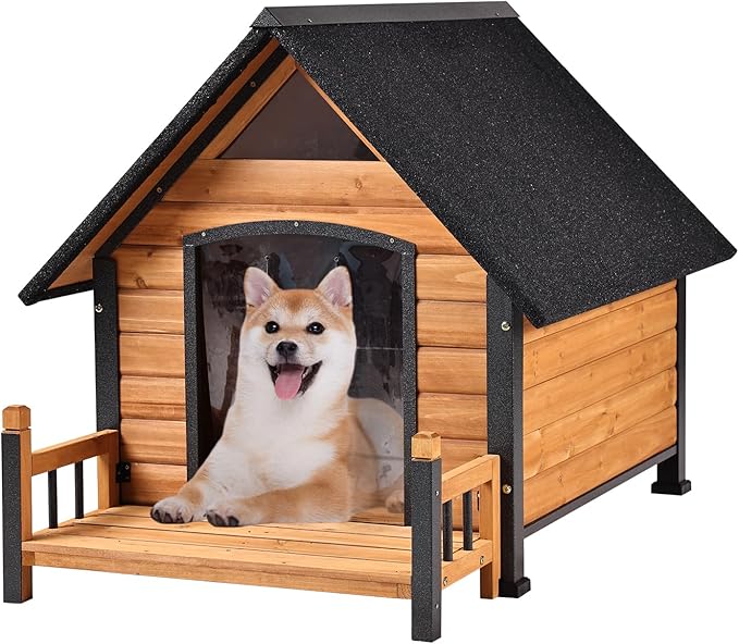 Dog House Outdoor with Anti-Chewing Iron Frame, Weatherproof Dog Kennel with Porch and Raised Feet for Small Medium Large Dogs Indoor (Brown, 45" x 32.9" x 32.6")-PawvioPets