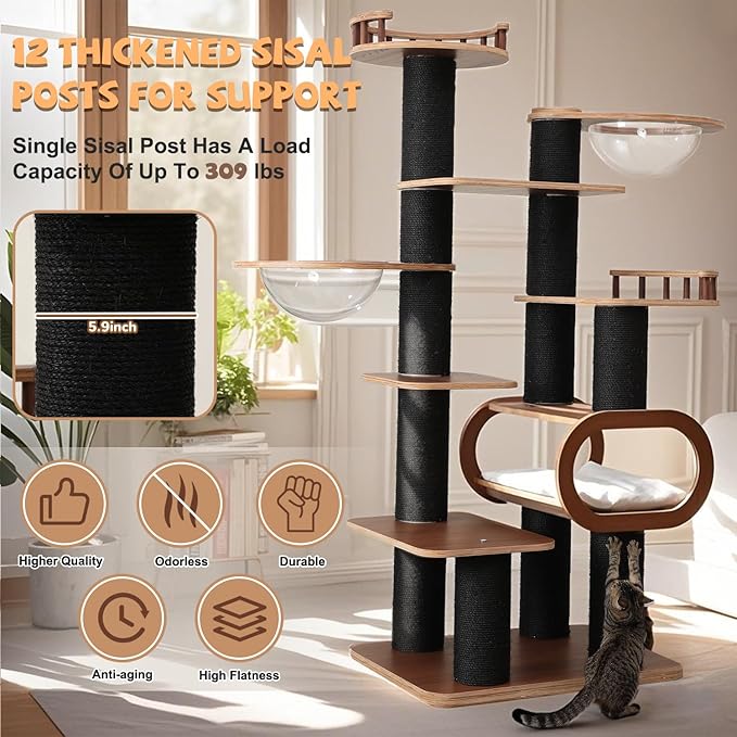 70.8'' Tall Luxury Cat Tree,All i,ne One Black Walnut Wood Modern Cat Tower for Indoor Large,Huge Multi-Level Cat Furniture with Scratching Posts,Condo,Cushion,Clear Bowl,Platform for Home Decoration-PawvioPets