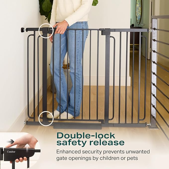 Cumbor 36" Extra Tall Baby Gate for Stairs, 29.7-57" Extra Wide Dog Gate for Doorways Hallways, Pressure Mounted Child Gate for Wide Opening, Auto Close Personal Safety for Babies and Pets, Black-PawvioPets