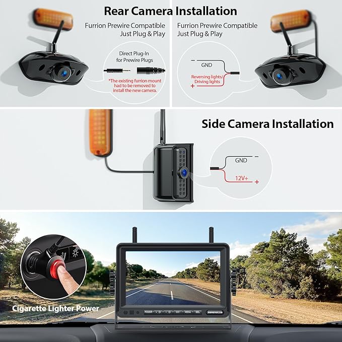 3-Camera Wireless RV Backup Camera System with 7-Inch Monitor, 1 Rear Sharkfin, 2 Side Cameras, DVR Monitor & IR Night Vision, IP69K Waterproof, Compatible with Furrion Pre-Wired RV Trailer-PawvioPets