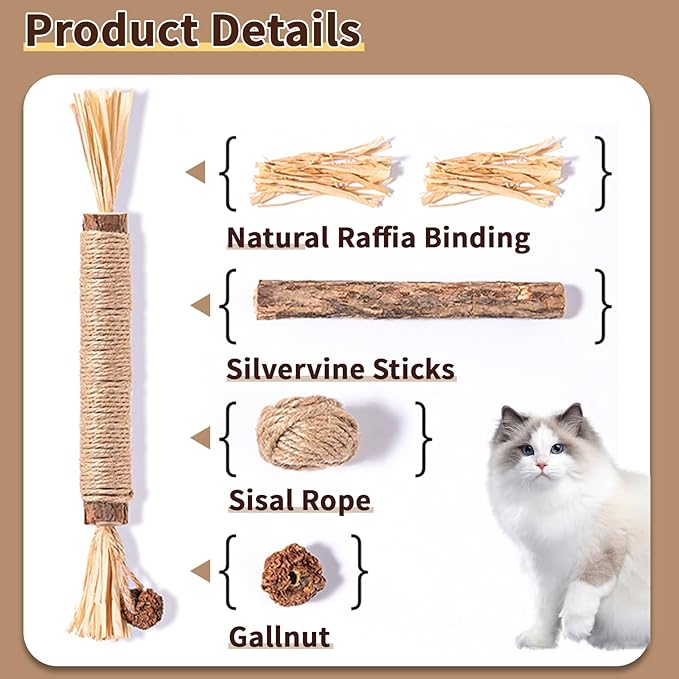 6 Pack Silvervine Cat Chew Toys, Natural Dental Sticks for Indoor Cats, Kittens Teeth Cleaning, Catnip Alternative, Interactive Play, Yellow-PawvioPets
