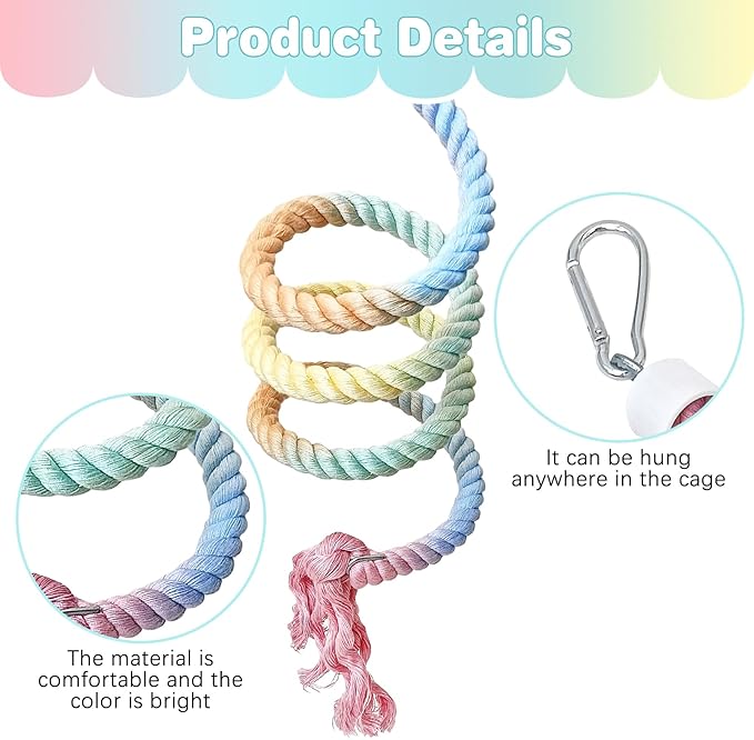 BNOSDM 3 Pcs Bird Rope Perches Gradient Colorful Bendable Climbing Rope Ladders Swings Toy Parakeet Cage Accessories for Parrots, Budgies, Cockatiels, Conures, Lovebirds-PawvioPets