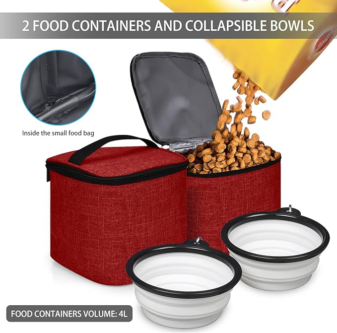 BAGLHER Pet Travel Bag, Double-Layer Pet Supplies Backpack (for All Pet Travel Supplies), Pet Travel Backpack with 2 Silicone Collapsible Bowls and 2 Food Baskets Red-PawvioPets